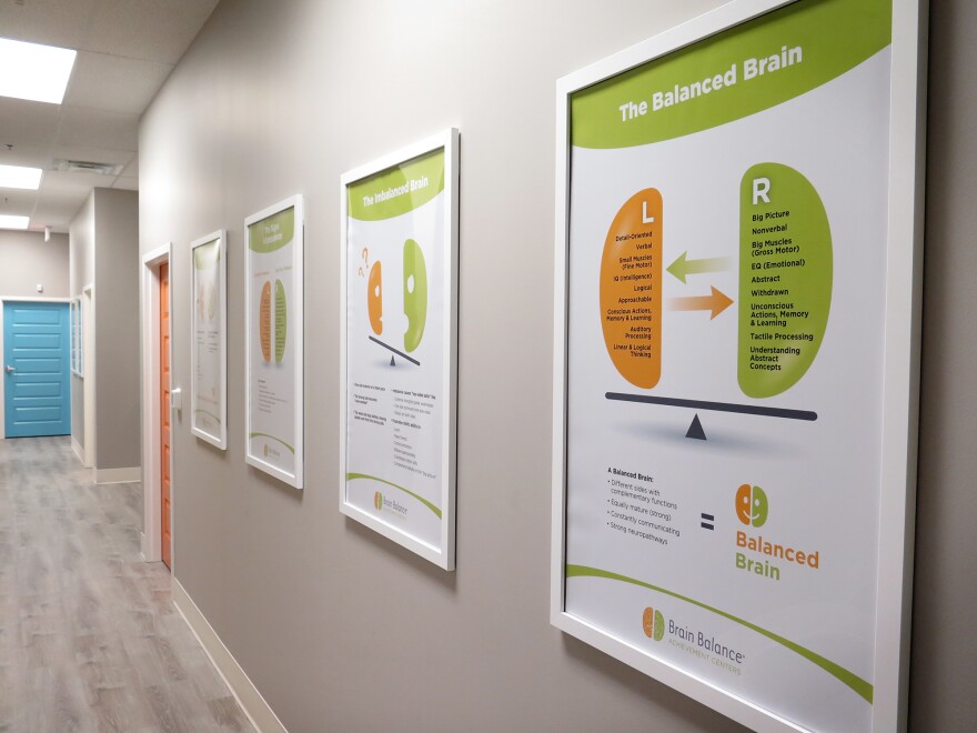 Posters in the hallway of a Brain Balance Center in Glen Allen, Va., describe how the program works.