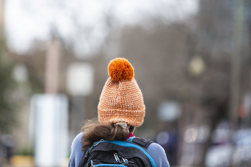 The back of a person's head wearing a orange knit winter hat with a pompom