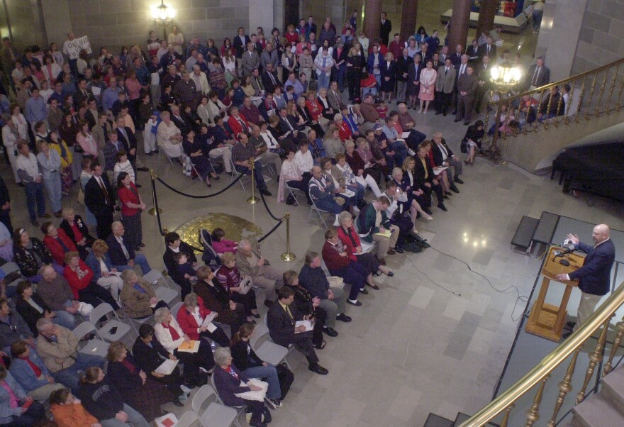 Missouri state Rep. Kevin Engler, a Republican, speaks during a rally for a state constitutional amendment banning gay marriage on May 3, 2004, in Jefferson City, Mo.