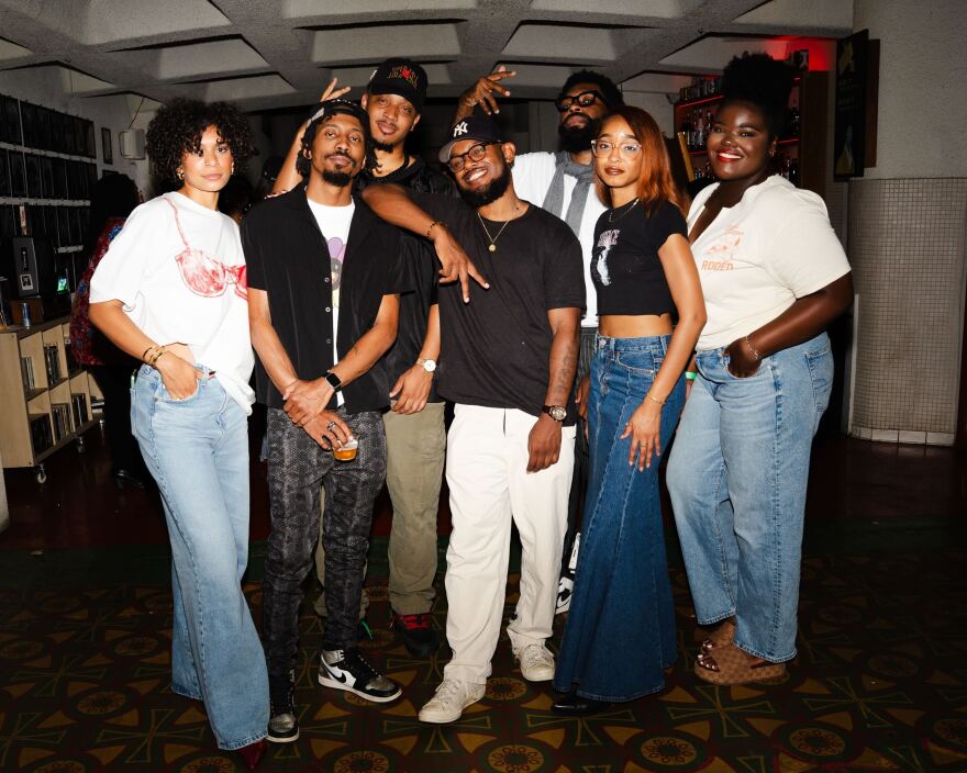 The SZNs CHNGE team (Ashley Knox, Zachary Cambridge Haynes, Reginald Singletary, Eriq "EQ" Hardiman-Rhone, Kasim Kabbara, Sasha Bowman and Mia Shaw) pose at the 2024 SZNs CHNGE music video showcase.