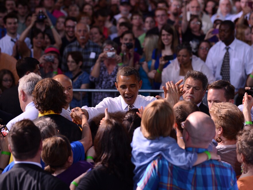 President Barack Obama greets supporters during a campaign event at the Paul R. Knapp Animal Learning Center in Des Moines, Iowa, on May 24, 2012.