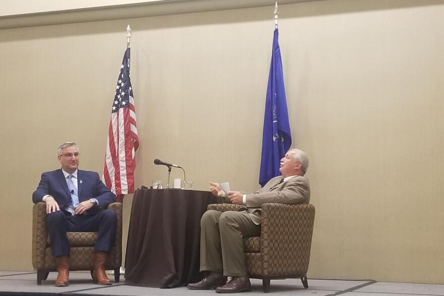 Indiana Farm Bureau President Randy Kron talks with Gov. Eric Holcomb about issues impacting the Hoosier agriculture industry.