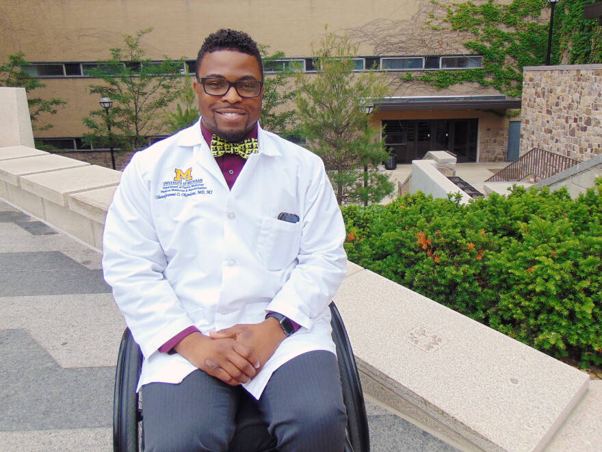 Feranmi Okanlami, a doctor at Michigan Medicine, became partially paralyzed after an accident in 2013, during his medical residency.