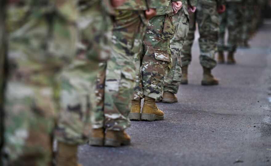 Military members stand at rest during the parade.