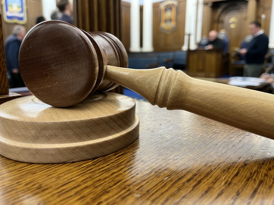 A gavel in a courtroom. 