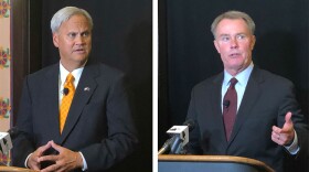 Republican challenger Jim Meritt (left) and incumbent Democrat Joe Hogsett (right) talked to the media seperately following the debate..