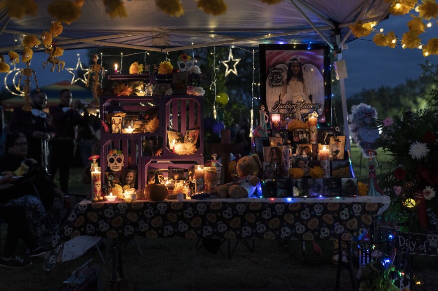 Jacklyn "Jackie" Jaylen Cázares' altar on Nov. 2, 2022 in Uvalde, Texas. The altar includes family photos of other deceased relatives.