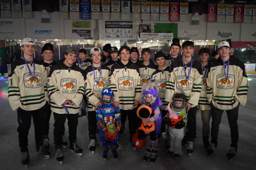 The Kenai River Brown Bears stand with winners of a costume contest during Fright Night at the Soldotna Regional Sports Complex in Soldotna, Alaska, on Tuesday, Oct. 27, 2026.