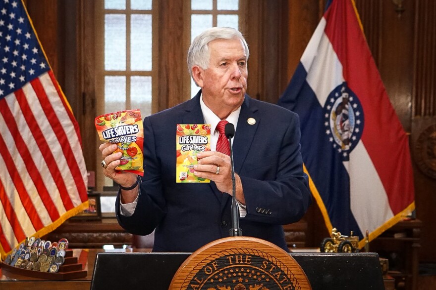 Gov. Mike Parson speaks at his Capitol press conference in August 2024 announcing Executive Order 24-10 that bans the sale of intoxicating hemp products in Missouri “until such time approved sources can be regulated by the FDA or State of Missouri through legislative action,” he said.