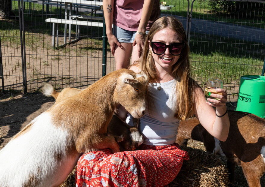 Jill Samyn finds a friend to share a drink with at Black Star Farms near Suttons Bay. (Photo: Mike Kent / Northern Michigan Journalism Collaborative)