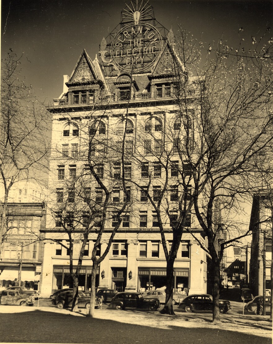 The Scranton Electric Building with its current-day sign in the 1940s.