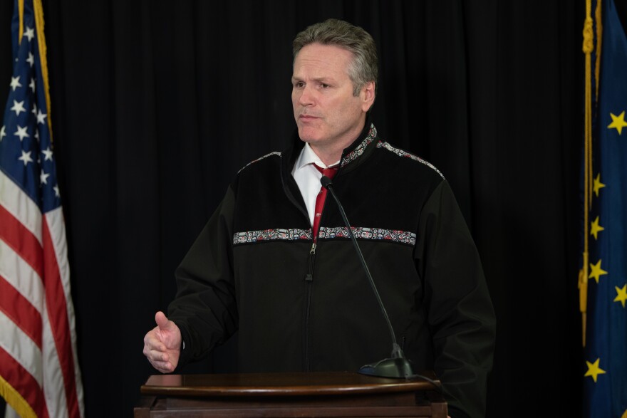 Gov. Mike Dunleavy speaks at a news conference on Friday, April 10, 2020. (Office of the Governor)