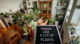 A sign reads 'There's like a lot of plants in here,' referring to a room full of houseplants.