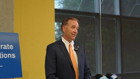 Oregon Secretary of State Tobias Read speaks at a press conference at Portland Community College on Monday, July 20, 2026.