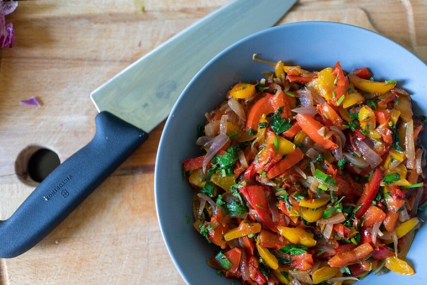 Fajitas, So simple and so delicious: onions, bell peppers, garlic, cilantro.