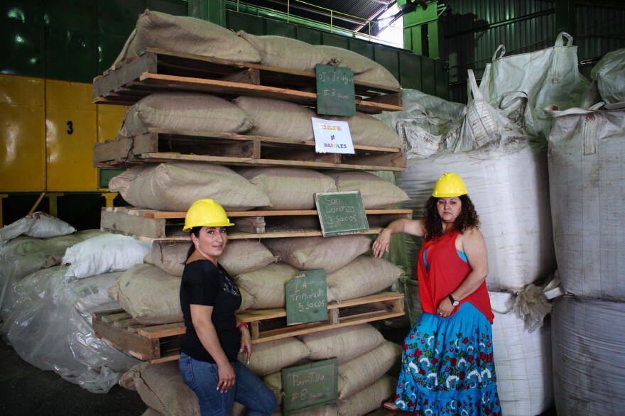 Angelina Zuñiga Godinez and Fanny Cordero Mora grow coffee for Coopetarrazu, one of Costa Rica's largest coffee cooperatives. These bags of coffee are labeled with the towns where they are grown