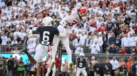 Indiana wide receiver Omar Cooper Jr. (3) catches a touchdown pass over Penn State safety Zakee Wheatley (6) during the fourth quarter of an NCAA college football game, Saturday, Nov. 8, 2025, in State College, Pa.