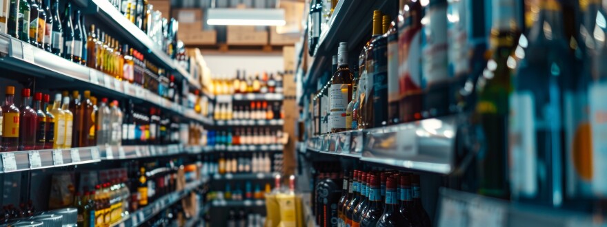 A liquor store aisle featuring shelves full of various alcoholic beverages, including wine, spirits, and mixers. Ideal for retail, shopping, and alcohol-related themes.