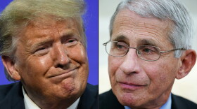 This combination of pictures created on July 13, 2020 shows President Donald Trump in Phoenix, Arizona, and Anthony Fauci, director of the National Institute of Allergy and Infectious Diseases, in Washington, DC. (Photo by SAUL LOEB,MANDEL NGAN/AFP via Getty Images)