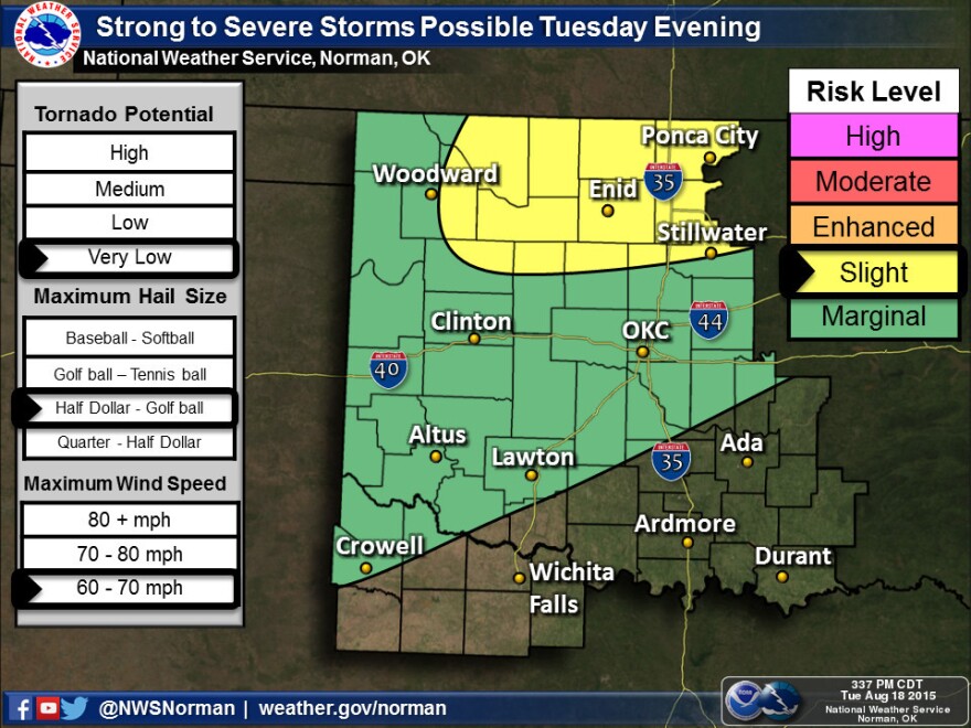 There is a slight risk of severe storms late this afternoon and tonight across parts of northern Oklahoma. Primary threats will be hail to the size of golfballs and winds up to 70 mph.