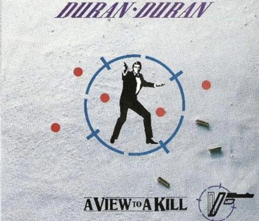 The cover art for Duran Duran's theme for "A View to a Kill" features an illustration of James Bond in the crosshairs of a gun with bullets scattered around it.