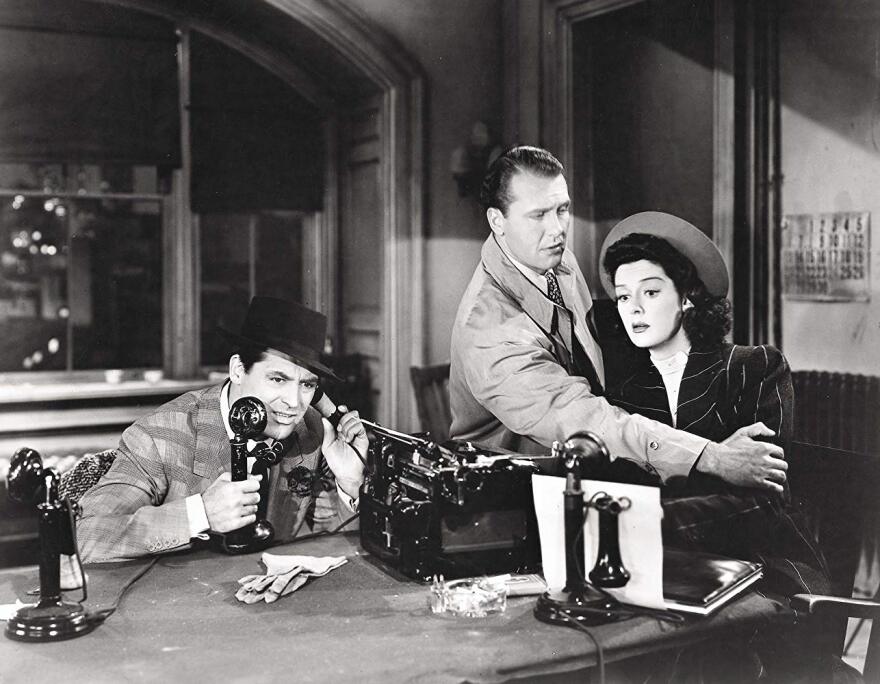 Cary Grant, Ralph Bellamy, and Rosalind Russell in His Girl Friday (1940)