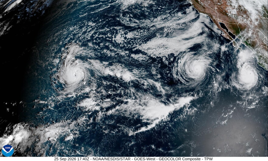 A satellite image shows Hurricane Nolo near the Hawaiian Islands on the morning of Friday, Sept. 25, 2026.
