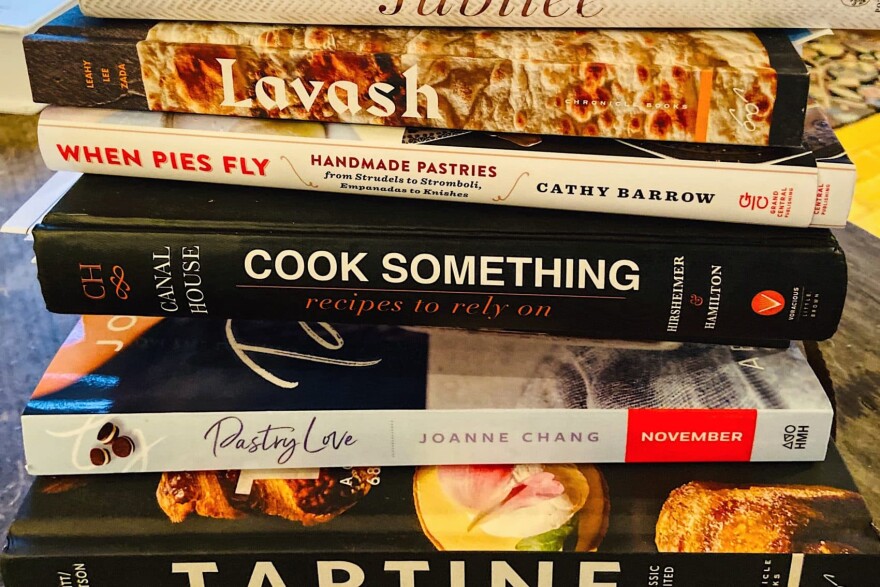 Here & Now resident chef Kathy Gunst joins hosts Robin Young and Tonya Mosley with her list of favorite  cookbooks of 2019. (Photo by Gunst)