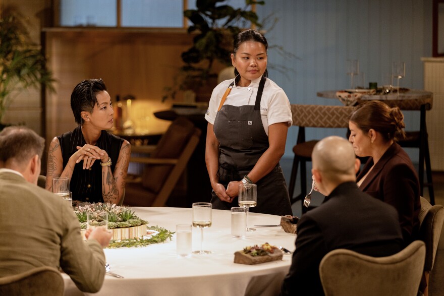 From left to right: "Top Chef" host Kristen Kish, chef Rhoda Magbitang, and chef Jennifer Jackson on the set of "Top Chef" season 23.