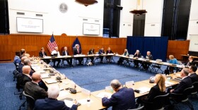 Gov. Glenn Youngkin leads the Governor's Advisory Council on Revenue Estimates meeting on Monday, November 20, 2023 at the Patrick Henry Building in Richmond, Virginia. (Shaban Athuman / VPM News)