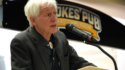 University of Wyoming President Ed Seidel addresses concerned faculty during an April 7 town hall in the student union.