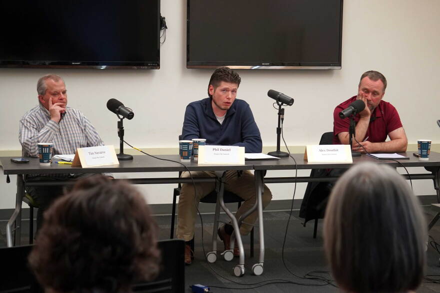 Tim Navarre, Phil Daniel and Alex Douthit participate in a candidate forum hosted by KDLL 91.9 FM at the Kenai Community Library in Kenai, Alaska, on Wednesday, Sept. 30, 2026.
