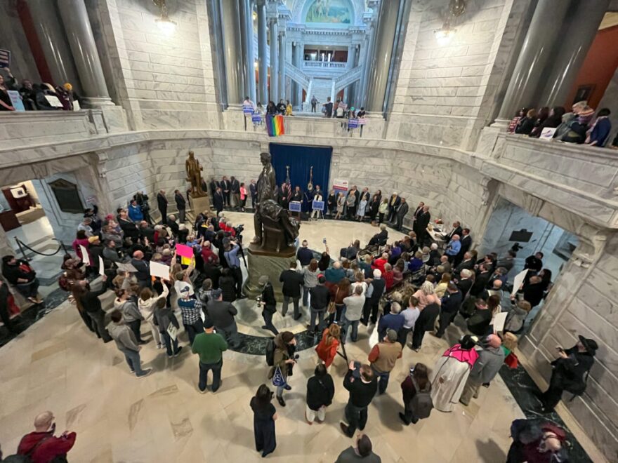 The Family Foundation organized a rally in the Rotunda to urge lawmakers to override Gov. Andy Beshear’s veto of anti-LGBTQ+ legislation in 2023.