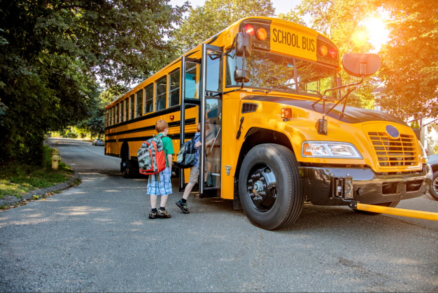 A young redheaded boy getting onto a school bus in sunshine.