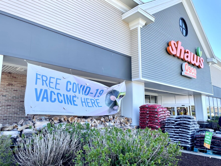 A sign announcing free COVID-19 vaccines at Shaw's in Falmouth.