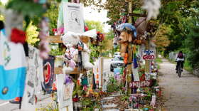 A memorial for Renee Good, who was killed by federal agents in Minneapolis in January, remains in place at the site of her death, Thursday, Oct. 1, 2026, in Minneapolis. 