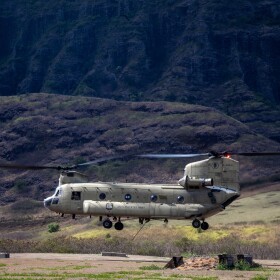 U.S. Army National Guard conducts a CH-47 Chinook external load demonstration on Sept. 5, 2024, at Mākua Valley, Hawaiʻi.