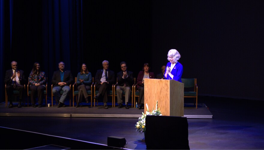Eugene Mayor Kaarin Knudson addresses a crowd during the annual State of the City Address on Jan. 12, 2025.