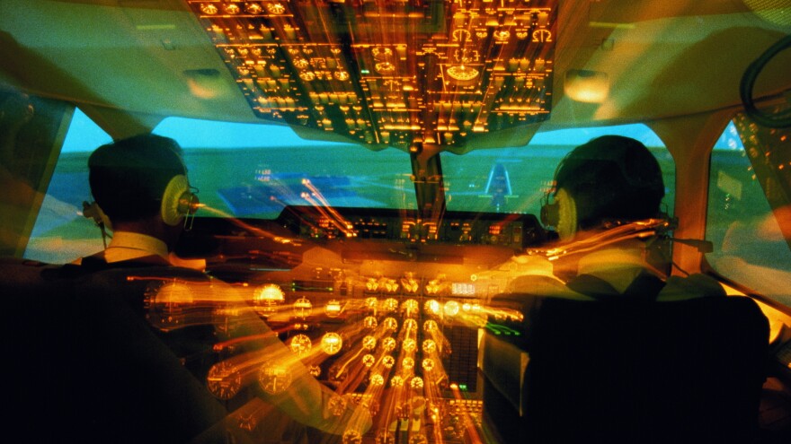 Flight crew in cockpit, rear view (zoom effect).