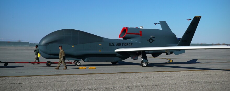 An RQ-4 Global Hawk is towed across the flight line on Grand Forks Air Force Base, N.D., on Oct. 23, 2020. The Global Hawk is the primary aircraft housed permanently at the 319th Reconnaissance Wing, whose primary mission is intelligence, surveillance and reconnaissance.