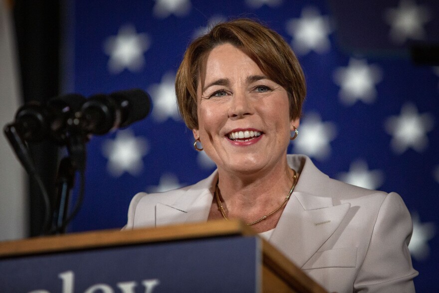 Maura Healey speaks with supporters on Election Day evening at the Fairmont Copley Plaza. (Robin Lubbock/WBUR)