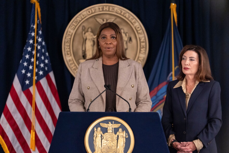 New York Attorney General Letitia James speaks during a news conference with New York Governor Kathy Hochul, Friday, Oct. 2, 2026, in New York.