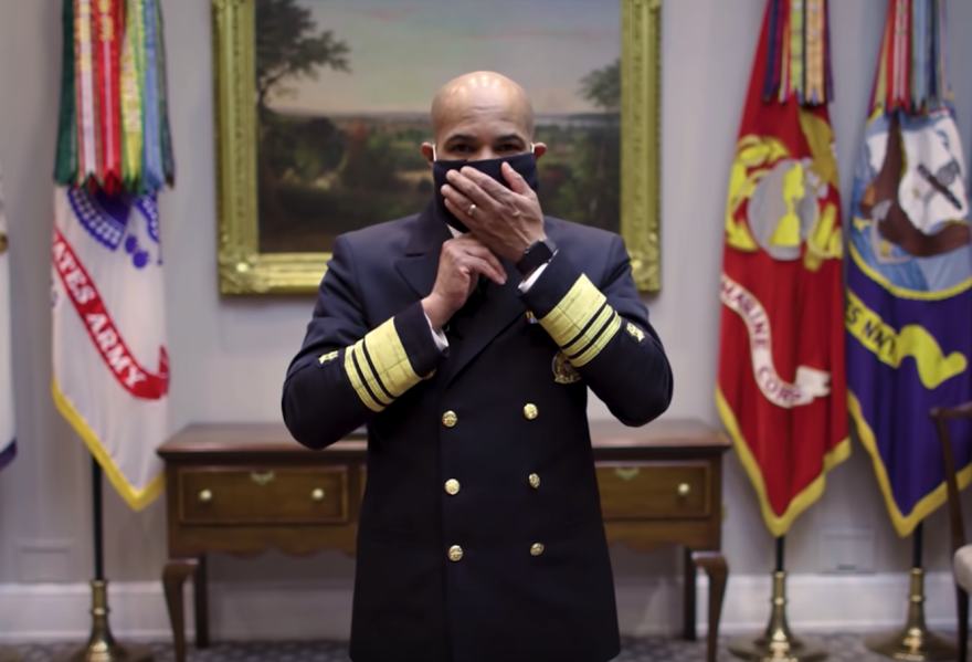 U.S. Surgeon General Dr. Jerome Adams demonstrated in an April 3, 2020, video how to create and wear a makeshift face mask with folded cloth and two rubber bands.