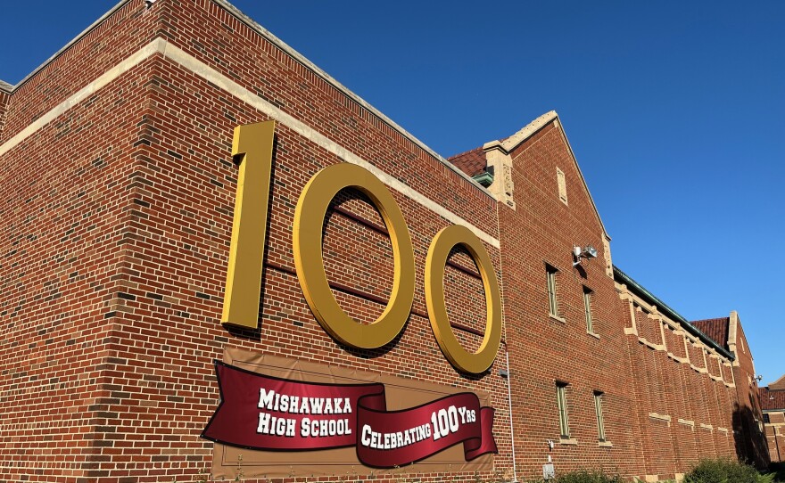 A "100" on the front of Mishawaka High School references 100 years ago since its construction in 1924.