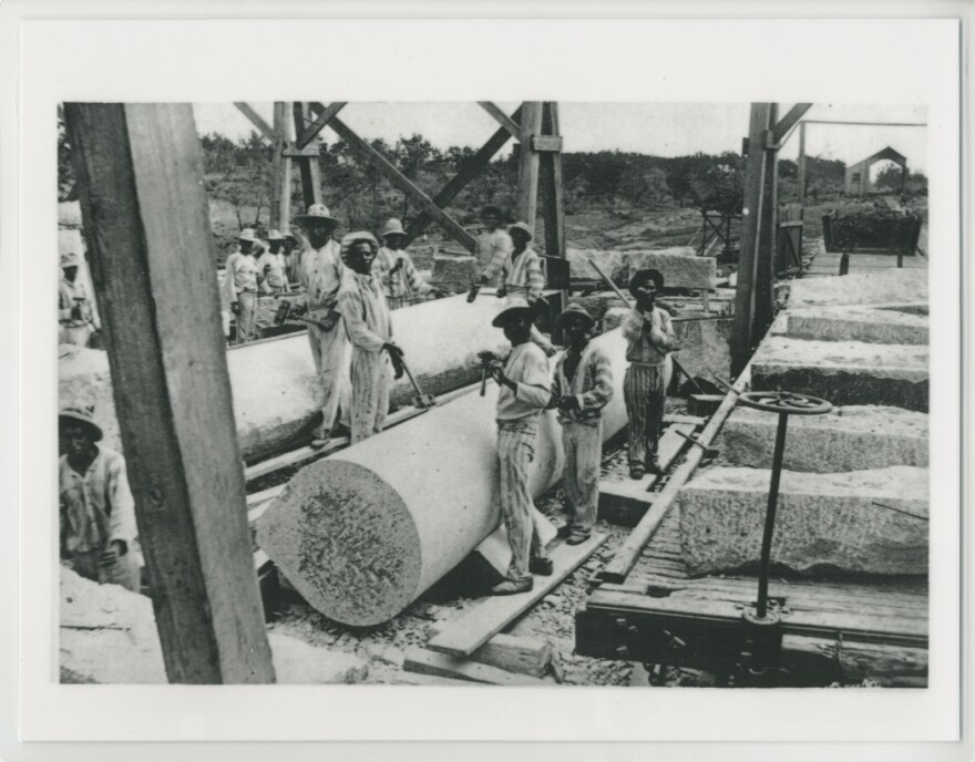 Prisoners work on a construction site in Texas during the convict leasing era.