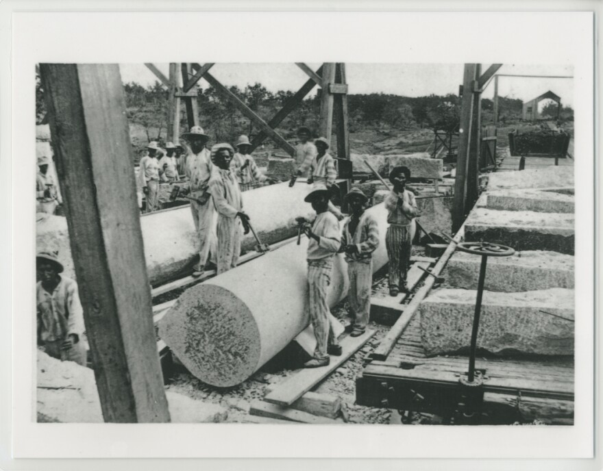  Prisoners work on a construction site in Texas during the convict leasing era. 