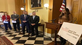 Hannah Cox (right), national manager of Conservatives Concerned About the Death Penalty, introduces the group: GOP strategist Michael Hartley, former death penalty juror Ross Geiger, son of murder victim Jonathan Mann and Rep. Laura Lanese (R-Grove City).