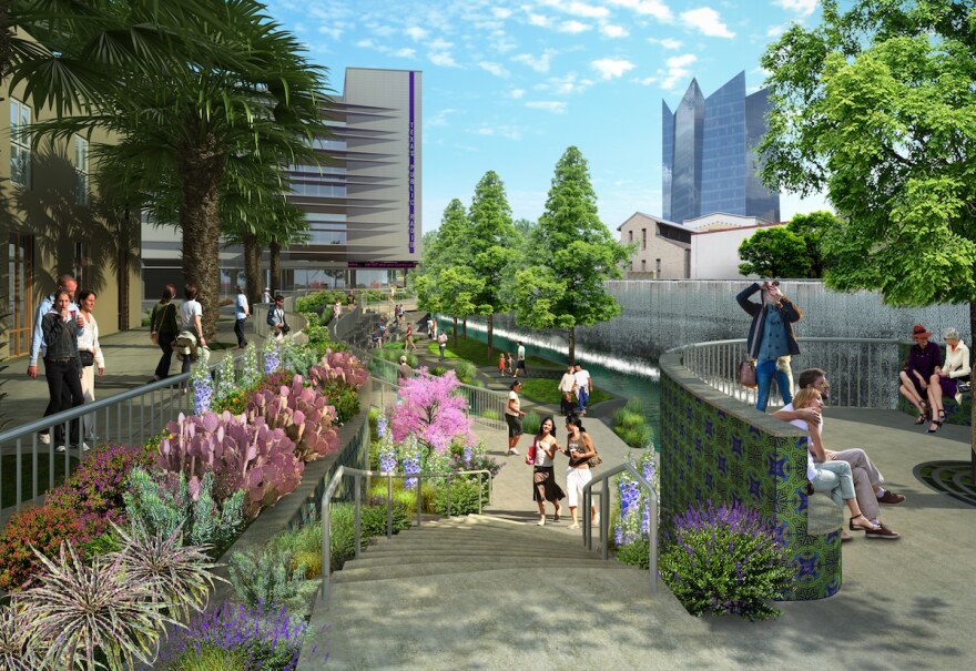 Artist rendering of a portion of the San Pedro Creek Culture Park project, which is estimated to be completed by April 2023.