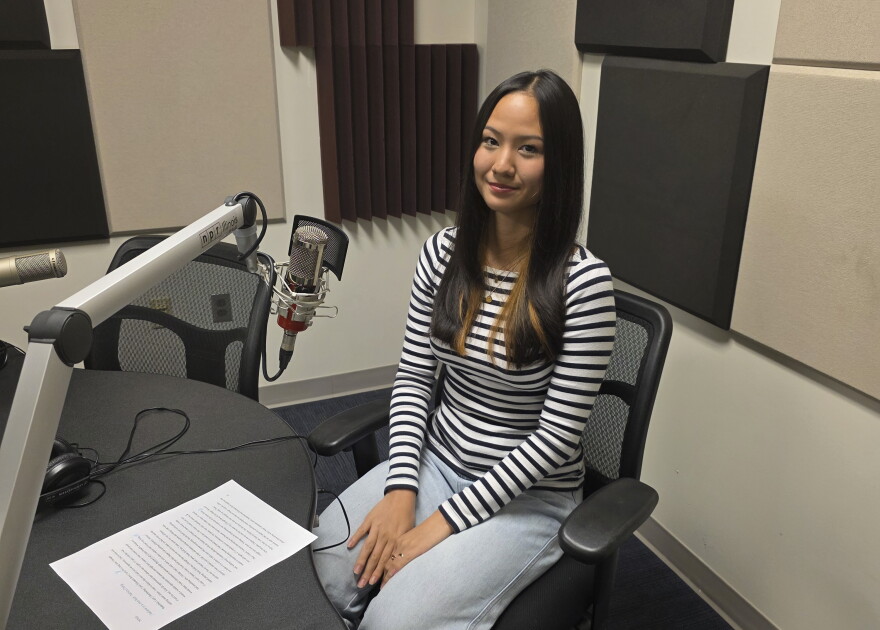 Patricia Cheng at the mic in NPR Illinois Studio F