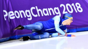 Norway's Allan Dahl Johansson falls in the men's 1,500-meter speedskating event during the Pyeongchang Winter Olympic Games at the Gangneung Oval in Gangneung on Feb. 13, 2018. (Aris Messinis/AFP/Getty Images)